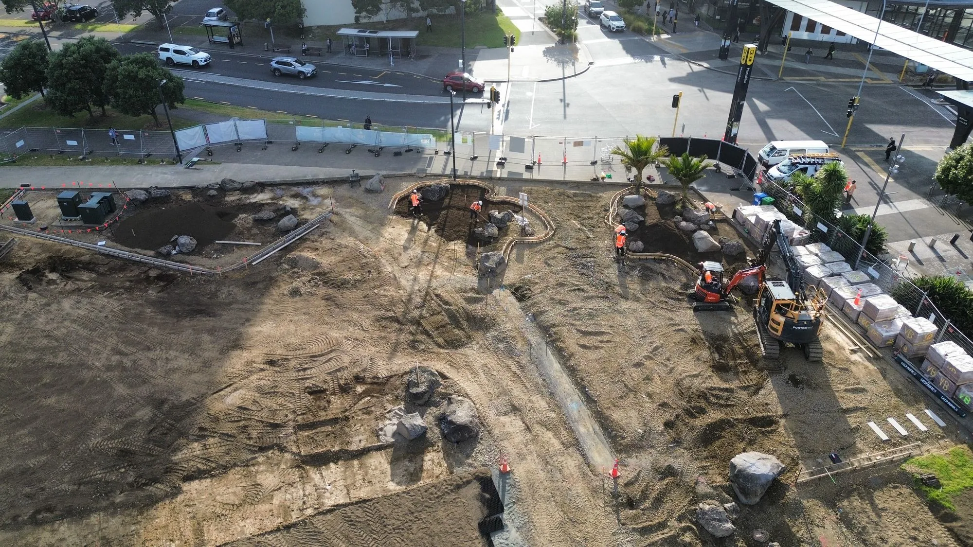 Aerial view of the works beside Manukau station